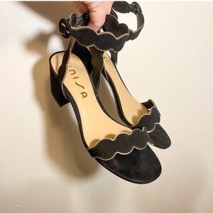 Unisa black and gold suede sandals with ankle tie